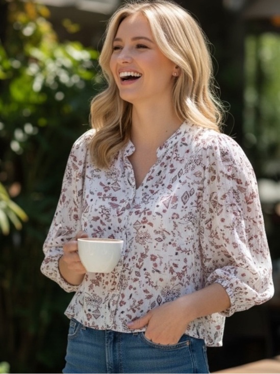 Z Supply Tops - Z Supply Women’s Floral Print Button-Front White and Dusty Rose Boho Flowy Top